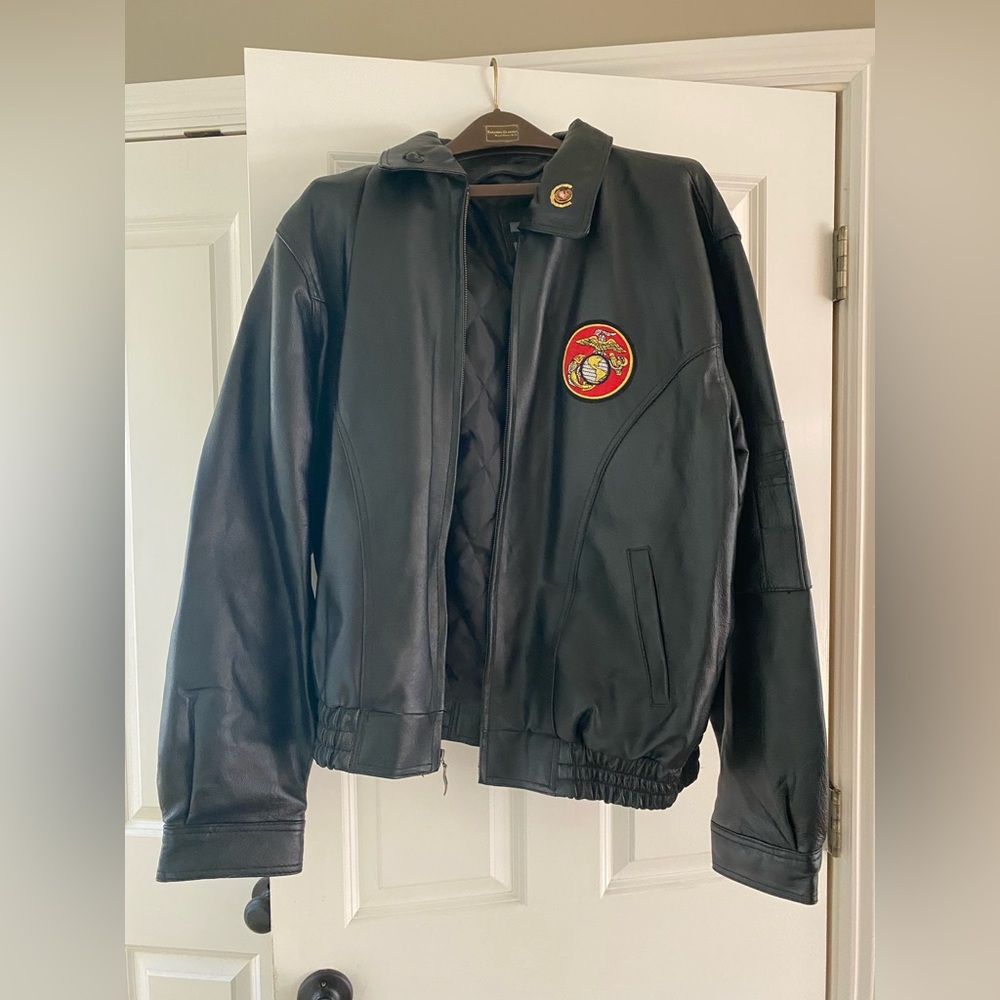Michael Michelle USMC Marine Black Leather Bomber Jacket